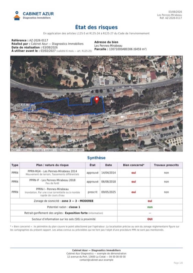 Première page d'un diagnostic ERP : synthèse des risques avec carte, parcelle et repère sur le bien