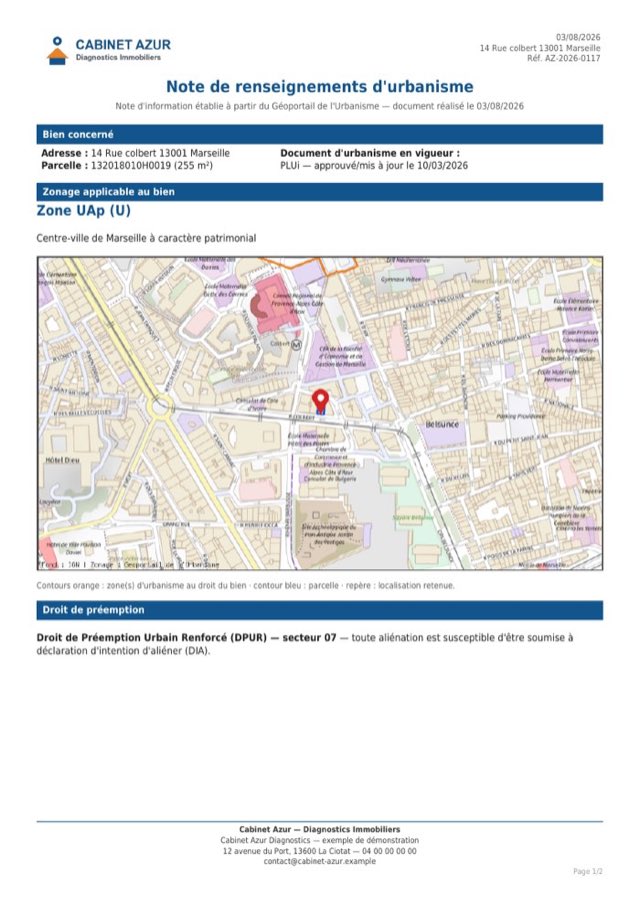 Note de renseignement d'urbanisme : zonage du PLU, droit de préemption et carte de la parcelle